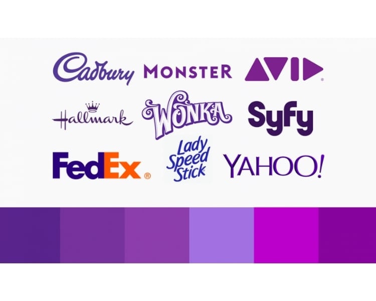 A collage featuring samples of nine popular purple logo designs against a white background.