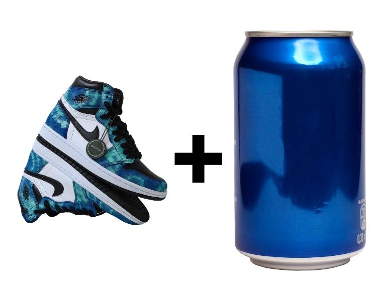 a blue nike shoes plus a can of plain no-branding pepsi can placed both in white background