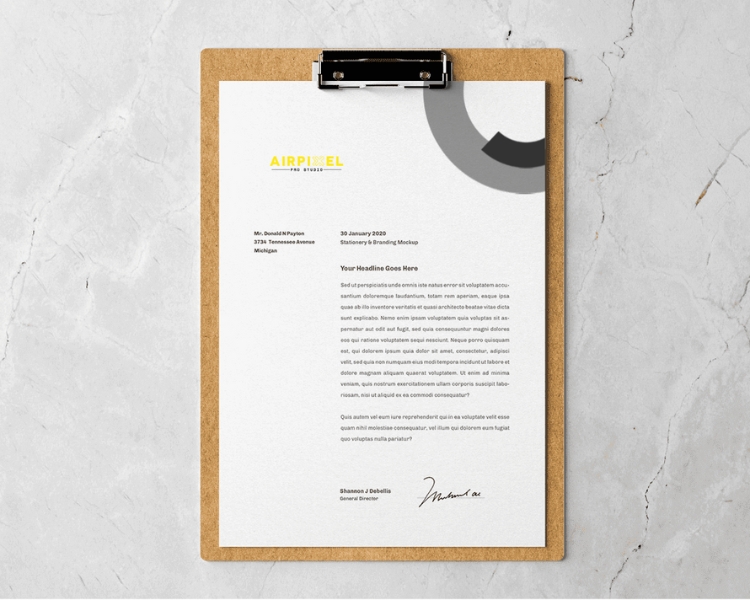 the AIRPIXEL sample letterhead on a paper mockup printed and clipped on a paper clip board