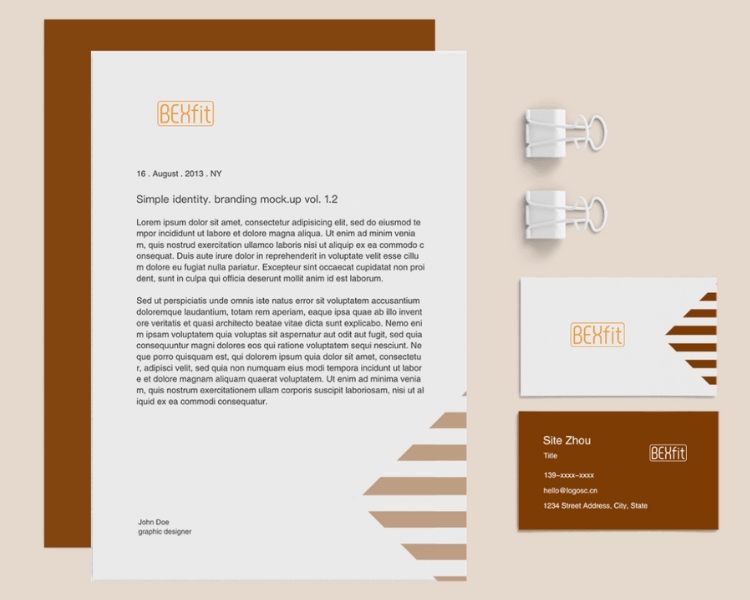 screenshot of the BEXFit sample letterhead in a white bond paper, contact cards on the sides and paper clips