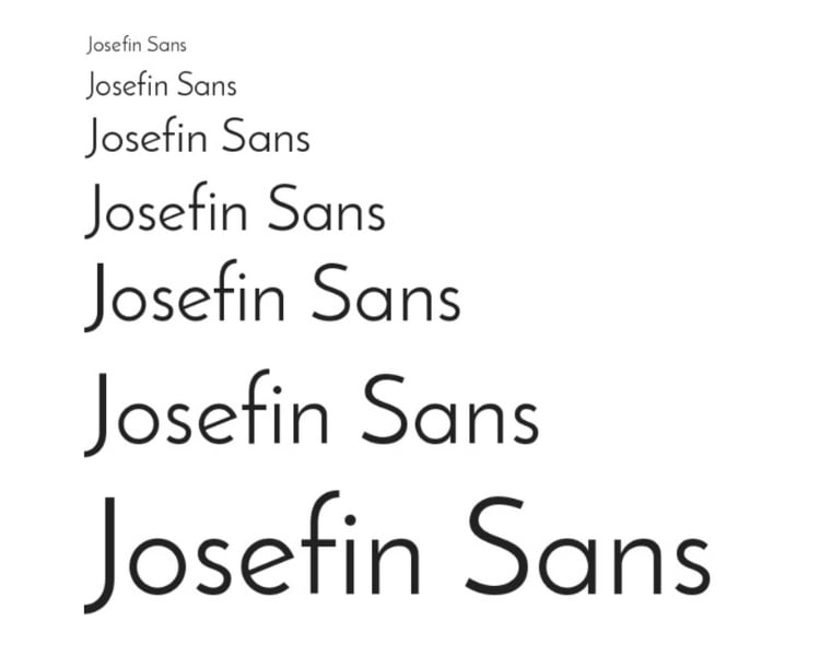 A different size samples of a contemporary font Josefin Sans on a white background.