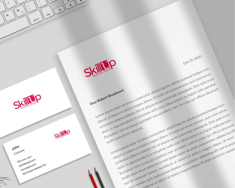 SkillUp sample letterhead on a white paper mockups like bond paper and contact card