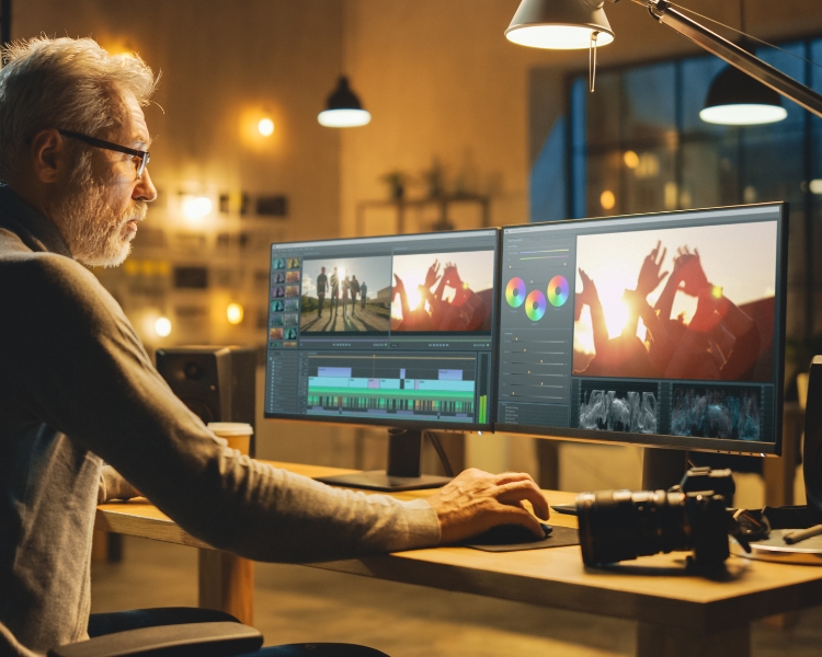 Video editor or motion designer is working something on his two monitors in front of him