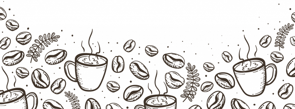 An Illustration featuring coffee beans, coffee cups, and plant leaves on a white background.