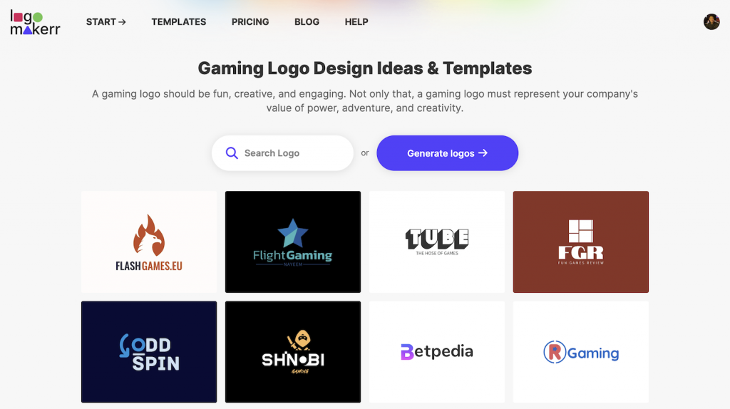 A gaming logo design ideas and templates page of the logomakerr website.