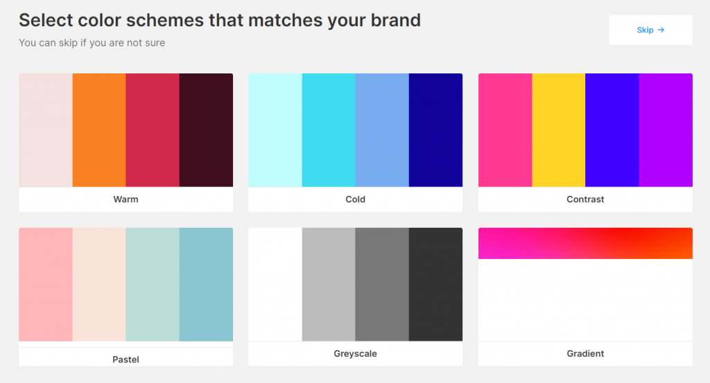 A color schemes selection on the logo creation page of the AI logo generator website logomakerr