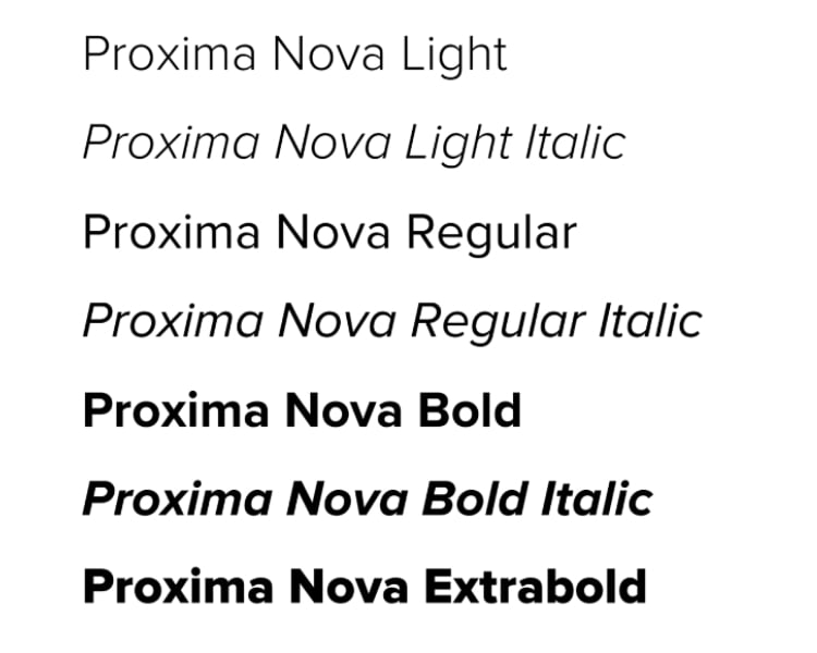 A different samples of a futuristic and geometric sans-serif style font Proxima Nova from light to extrabold style.