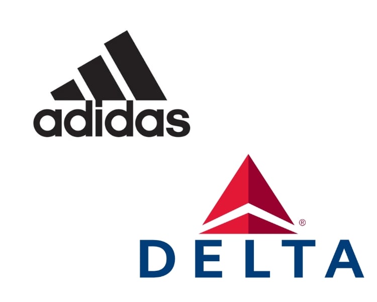 The logo design of a two of the most popular brands globally Adidas and Delta on a white background.