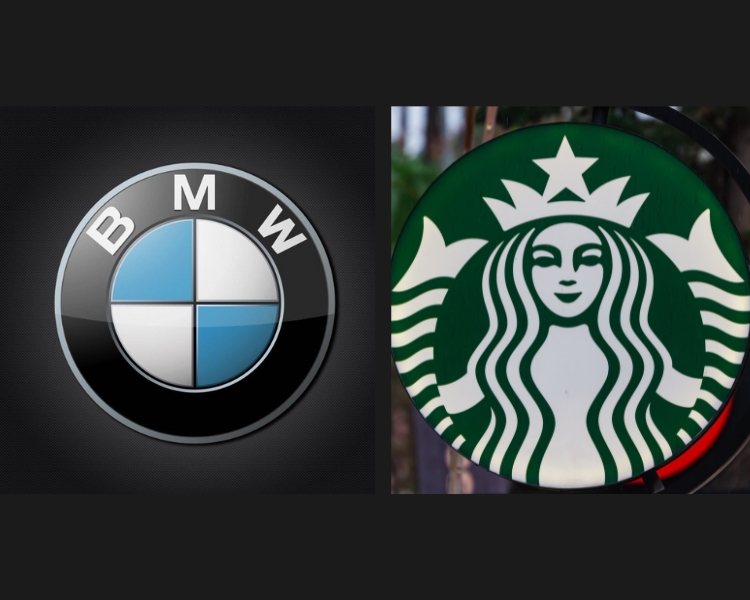 The logo design of a two of the most popular brand BMW and Starbucks side by side on a black background.