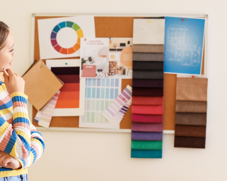 A woman wearing a colorful sweater is looking at a physical mood board sample attached to a wall.