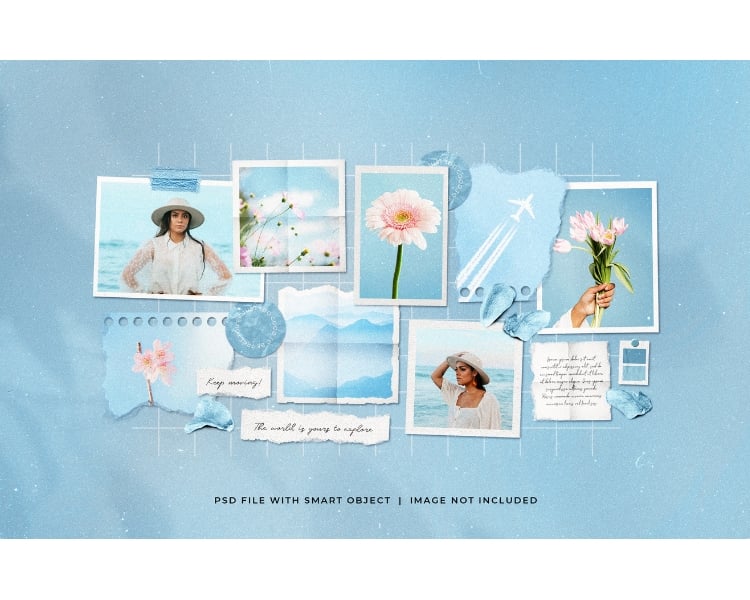 A photo sample of a blue-themed mood board featuring women wearing white hat.