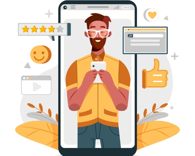 illustation of reviews or testiomonials by using a man inside a phone using his phone as well and like, rating, or comment elements on the sides