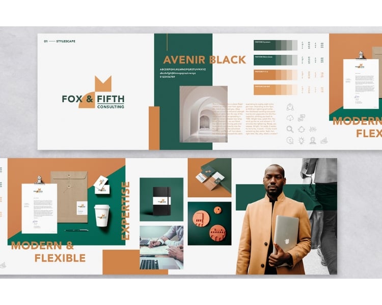 sample stylescapes from envato elements featuring colors green and brown on a white background.