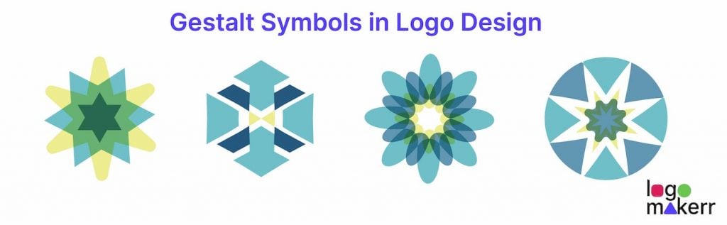 A four samples of gestalt symbols in logo design against a white background.