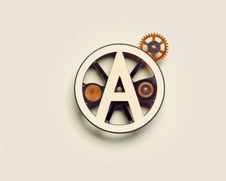 An icon enclosed in a circle featuring a gear in the upper right is set against a brown background.