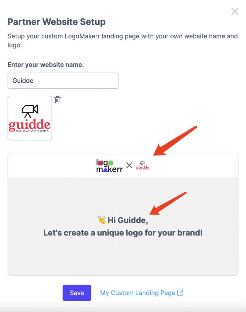 Einrichtung des Partnerprogramms logomakerr.ai mit dem Logo und Namen Ihrer eigenen Website