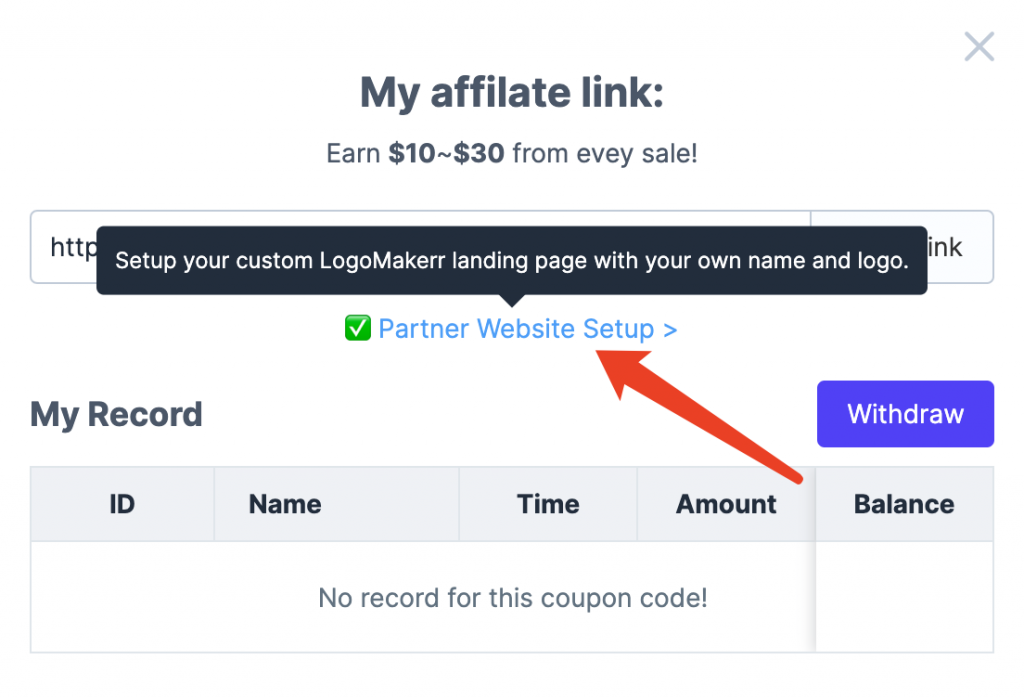 My affilate link page on logomakerr website with a red arrow pointing on the partner website setup button