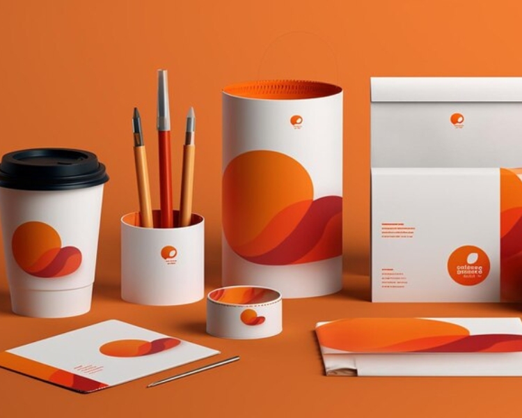 cohesive orange and white branding colors and packages with an orange background.