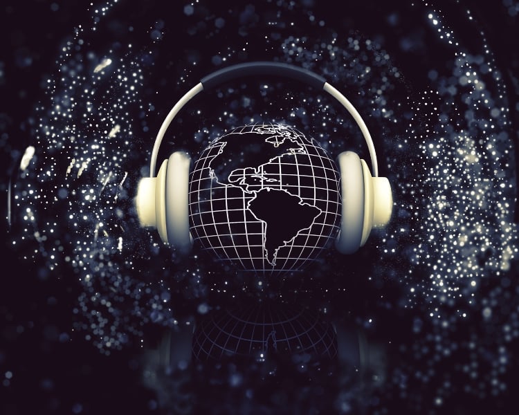 depiction of a headphone worn by the earth-like object with universal background