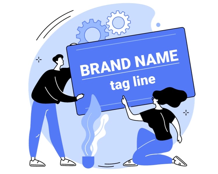 An illustration of a man holding a rectangular object with the brand name and tagline written on it, while a woman points to the word 'tag'.