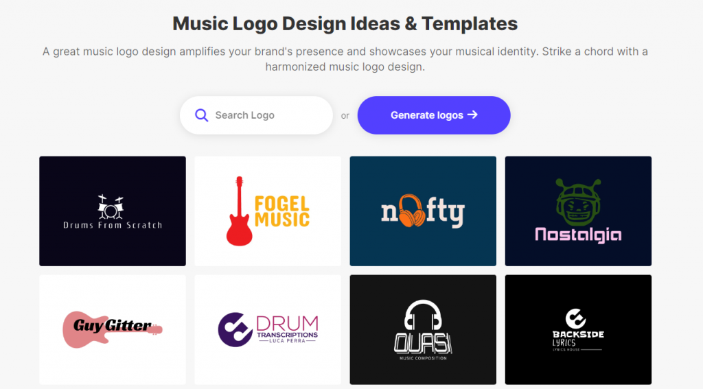 A thumbnail view of different music logo designs created using the ai logo generator website logomakerr