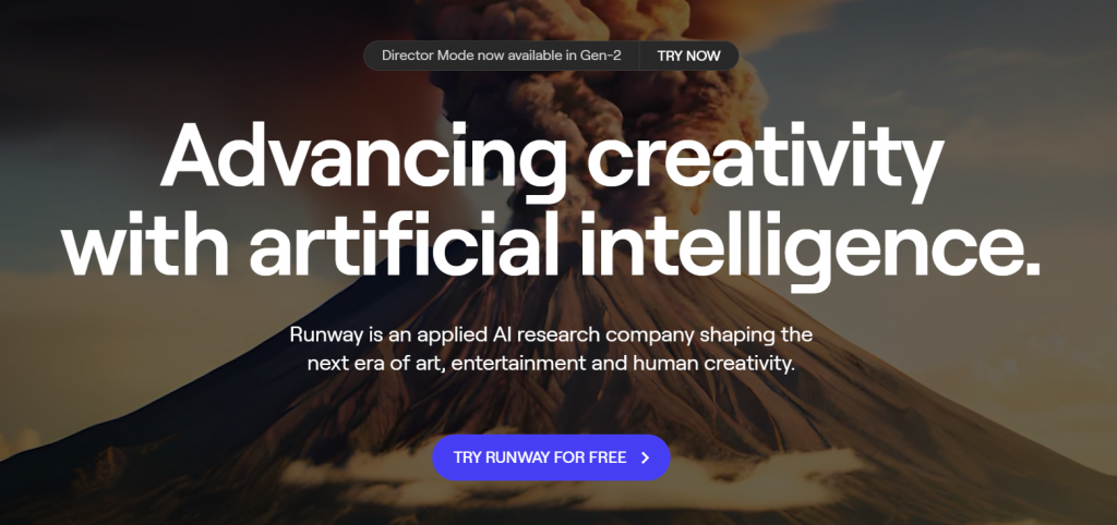 The homepage of the AI research company website Runway with the free trial button at the bottom.