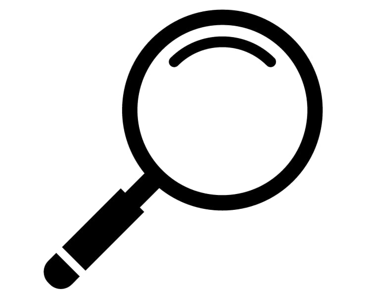 A black colored magnifying glass icon against a white background.