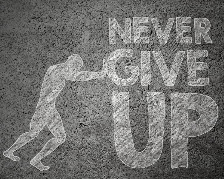 small business quotes illustration of Never Give Up featuring a man pushing the letter G of the word Give.