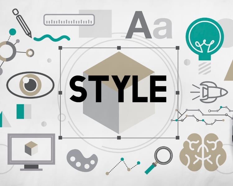 The word 'style' is surrounded by various icons, including a light bulb, eye, brain, rocket ship, etc.