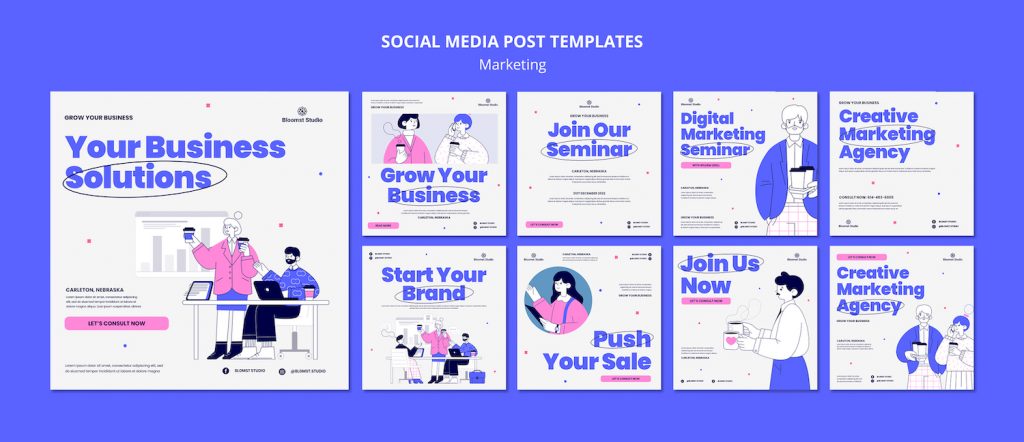 A thumbnail view of different social media post templates for marketing using colors purple and pink.
