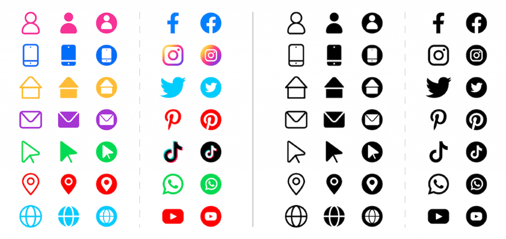 Various social media symbols and icons with different colors against a white background.