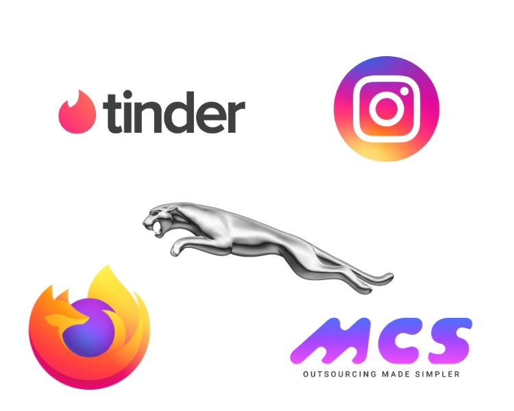 5 sample of popular gradient logo design, including tinder, instagram, jaguar, firefox, and mcs