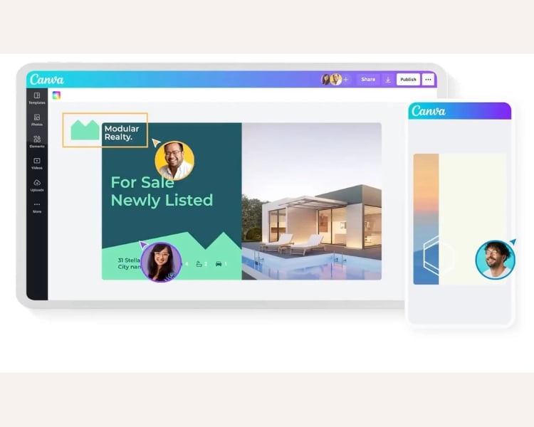 A sample of the Canva online graphic design platform, showing both the browser and smartphone interfaces.