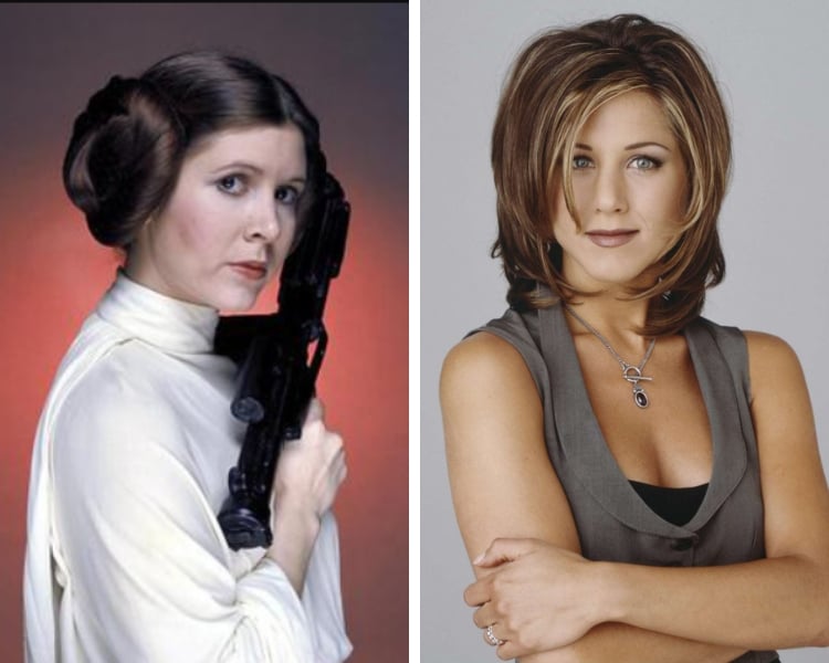 Picture of Princess Leia's buns in Star Wars and Jennifer Aniston's Rachel haircut in Friends side-by-side