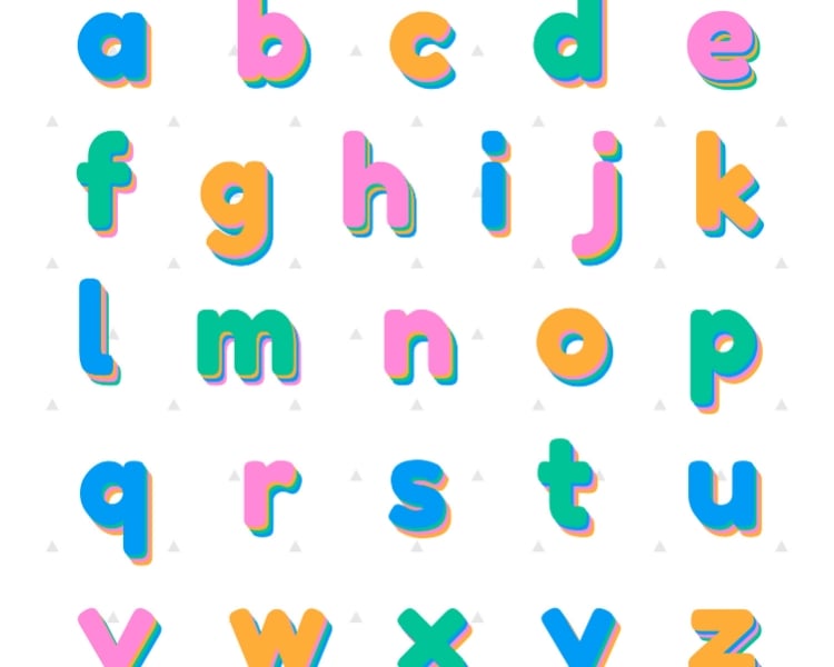 alphabet in lowercase lettering and colorful colors within each letters