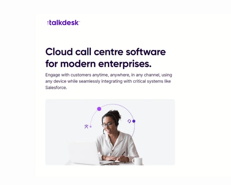 cut screenshot of talkdesk landing page featuring a woman talking through headset microphone while writing on a notebook