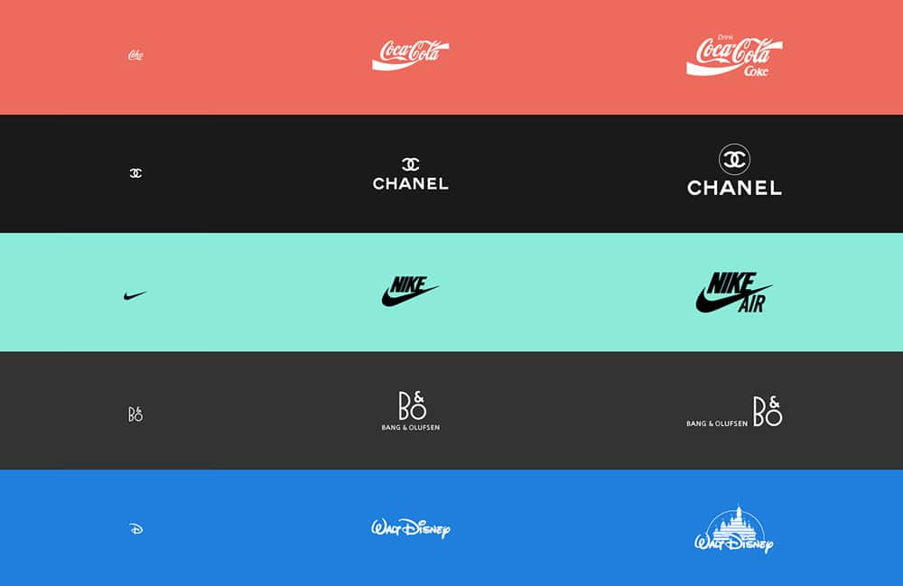 sample logo evolution of 5 brands - coca cola, chanel, nike, bang & olufsen, and walt disney