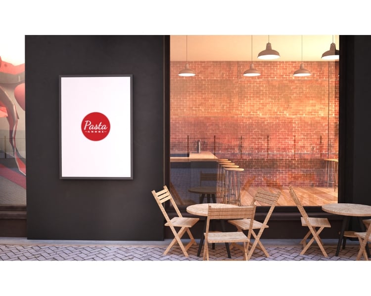 mockup that shows a restuarant with a logo of pasta amore on the screen on the wall