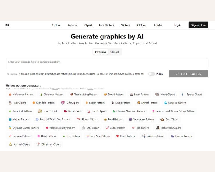 The landing page of AI graphics generator website more.graphics.