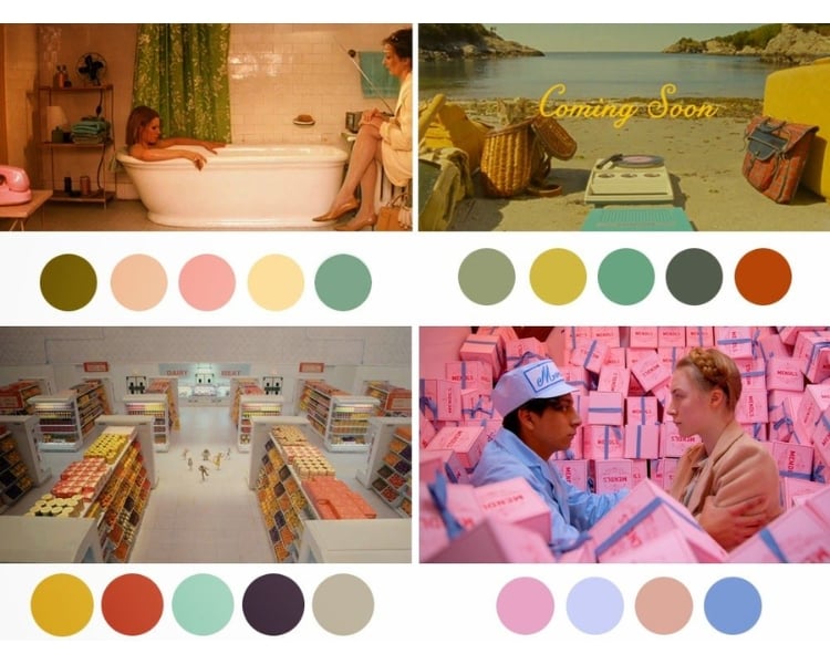 A four different sample color palette on Design Principles from Wes Anderson films.