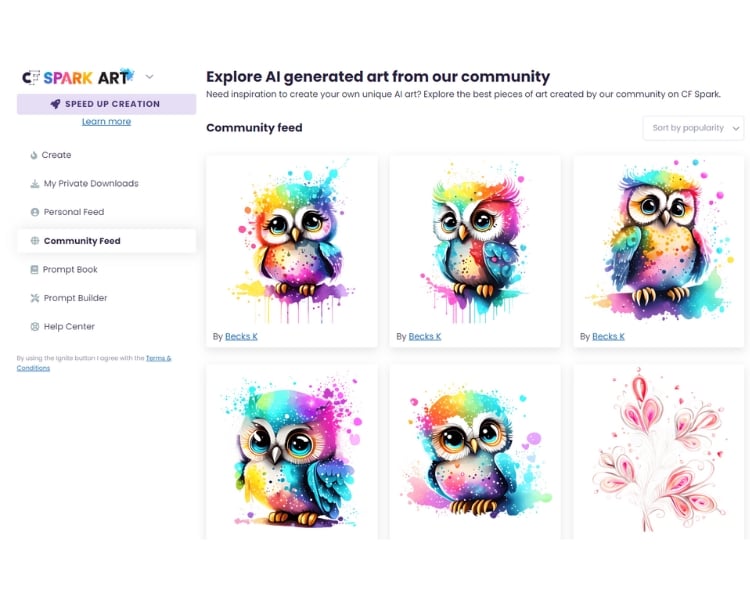 The explore AI generated art from our community page of an AI image generator website CF Spark Art.