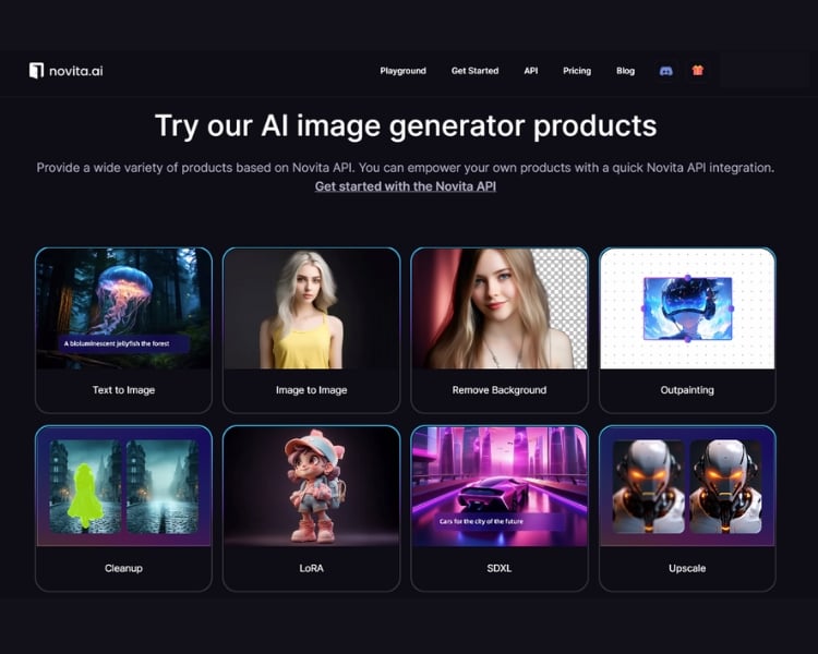 screenshot of the landing page of an AI image generator website called novita.