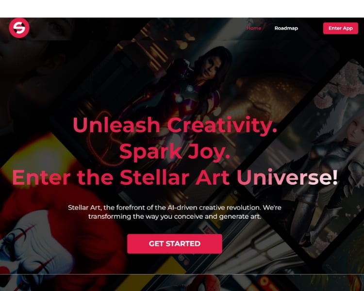 A screenshot of the home page of the free AI image generator tool called Stellar Art.