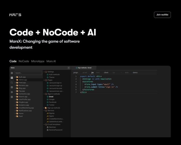 screenshot of MarsX, an Ai web developer tool, black home page