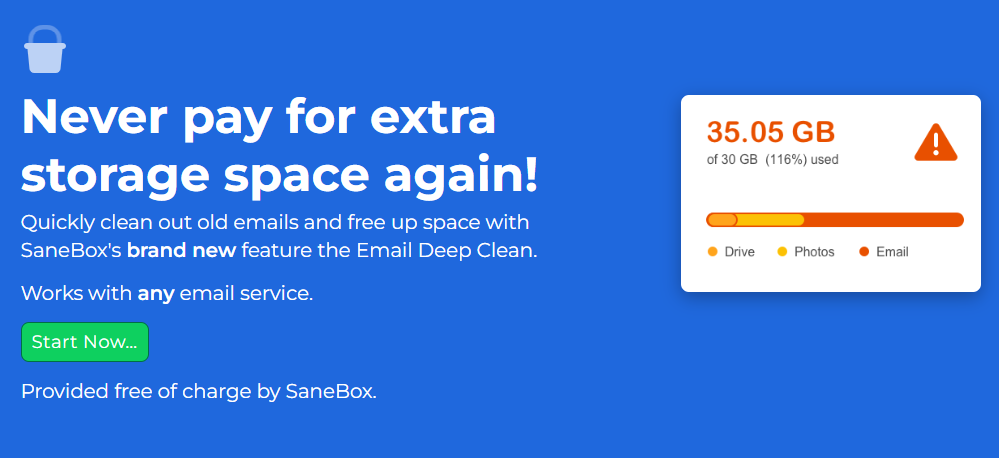 AI Productivity Tools named SaneBox landing page with sample warning sign