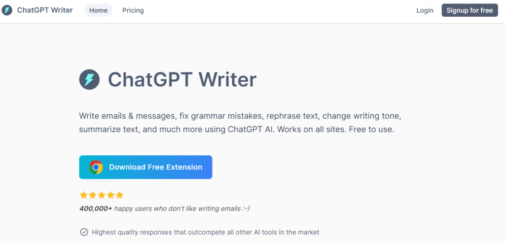 AI Productivity Tools named ChatGPT writer in landing page