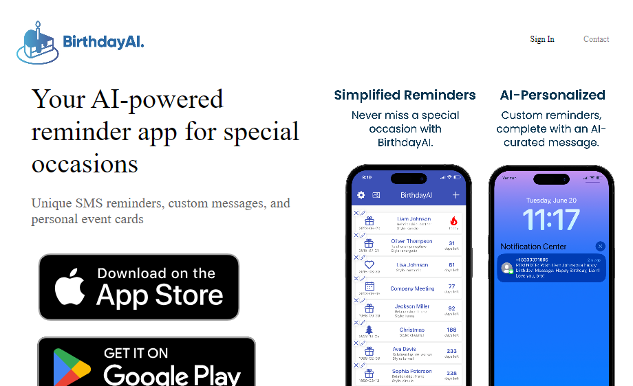 AI Productivity Tools named Birthday AI landing page with sample phones and download on App Store