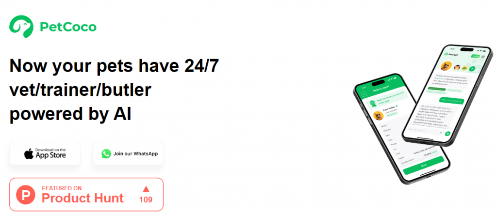 AI Productivity Tools named PetCoco with sample phones in landing page