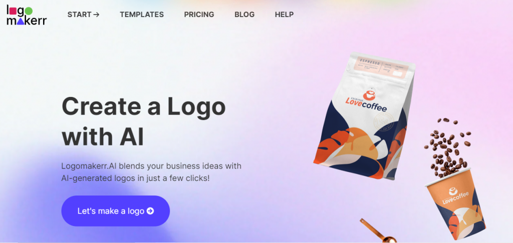 AI Productivity Tools named Logomakerr.ai in landing page with coffee product packaging