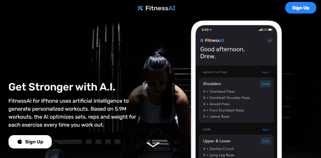 Landing page of AI productivity tool named Fitness AI with sample phone and woman working out